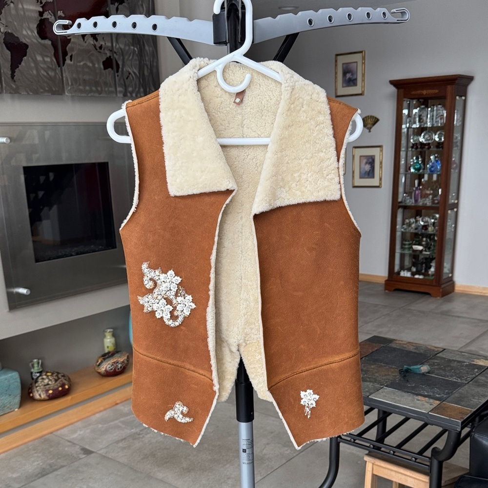 Designer Mint Brown shearling vest with crystal shell embellishments sz M